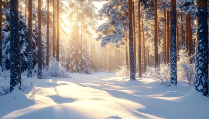 Enchanting winter forest, golden sun through snowy pine trees