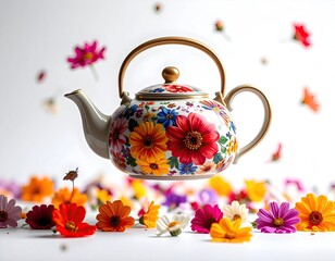 Floral teapot hovers over flowers