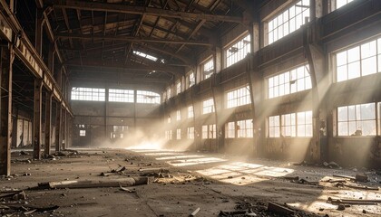 Abandoned Industrial Factory Hall, Sun Rays Streaming Through Windows
