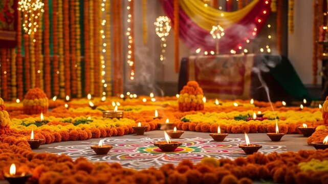 Diwali celebration with glowing diyas, intricate rangoli, and vibrant flower decorations