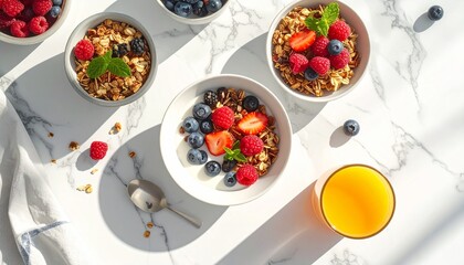 Healthy Granola Bowls with Fresh Berries and Orange Juice on Marble