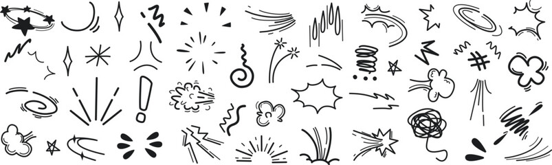 Comic explosion cloud doodle icons for speech bubbles, motion, and expression effects.