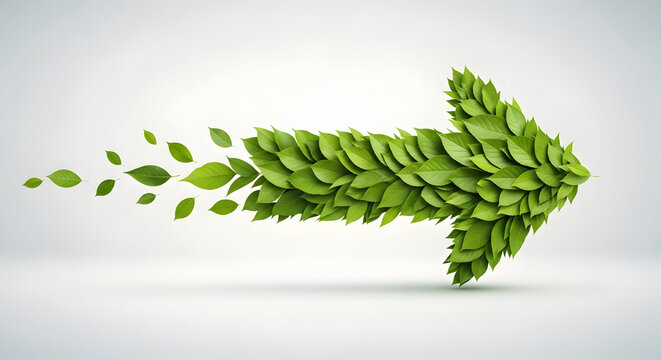 Vibrant green leaf arrow pointing right for eco friendly direction