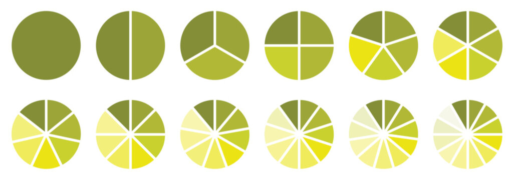 Pie chart set. Colorful diagram collection with sections or steps. 1,2,3,4,56,7,8,9,10,11,12 segment infographic. Circle pie chart diagram. Set of colorful pie charts with varying segments. eps 10