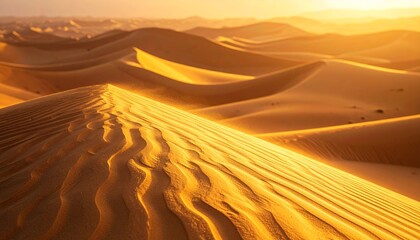Sunrise over Golden Desert Dunes with Ripple Patterns