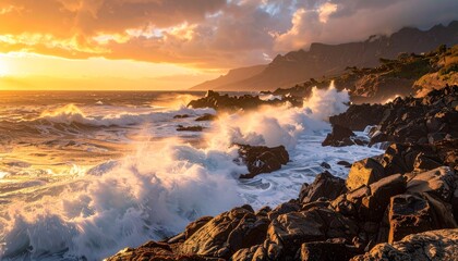 Dramatic Sunset Over Crashing Ocean Waves on Rocky Coastline