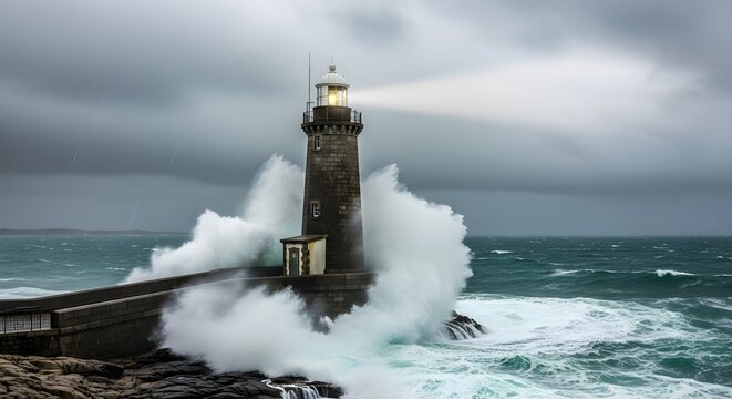 Stone lighthouse on rocky coast with crashing waves under stormy sky ocean
