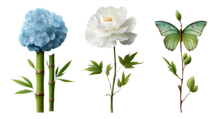 Vibrant Floral Arrangement with Butterfly and Bamboo on Isolated Transparent Background