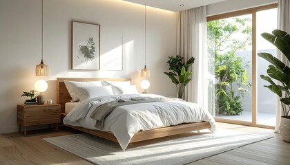 Modern bedroom with natural light and green garden view