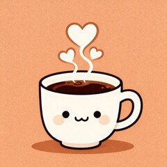Obraz premium Warmth in Every Cup: An adorable coffee cup smiles and sends out loving heart-shaped steam, conveying a feeling of affection, relaxation, and the cozy comfort of a good drink.