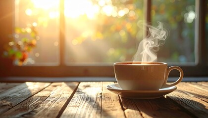 Steaming Coffee Cup on Wooden Table in Golden Morning Sunlight