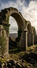 Fototapeta premium Ancient stone arches covered in ivy with rolling hills and cloudy sky in background