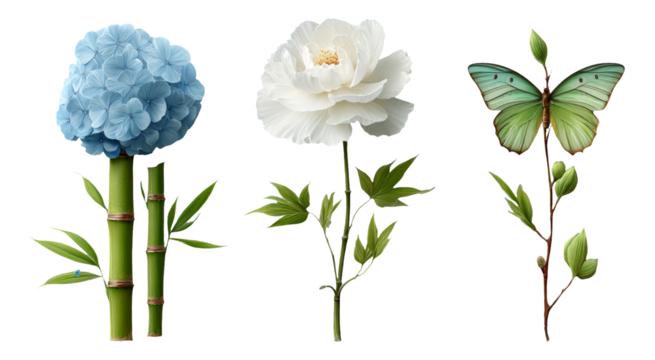 Vibrant Floral Arrangement with Butterfly and Bamboo on Isolated Transparent Background