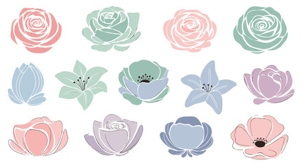 Collection of delicate pastel-colored floral illustrations in various artistic styles