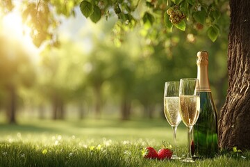 Champagne picnic flutes, bottle, berries under sunny tree
