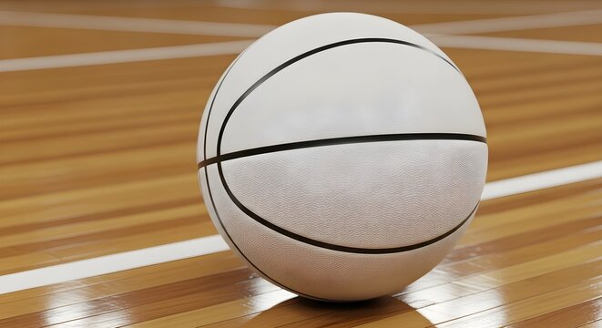 Close up of a white basketball on a polished wooden court with white boundary lines