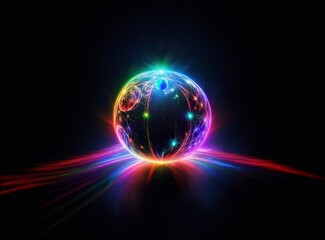 A radiant sphere glows brightly against the black background. The sphere emits beams of color, illuminating space with vibrant lines. The imagery uses light in a bright manner.