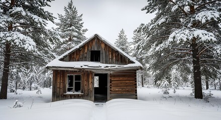 Abandoned wooden cabin surrounded by snow covered pine trees in a winter forest