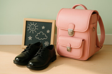 Pastel pink backpack and black school shoes on wooden floor near cute hand drawn chalkboard with sun and clouds
