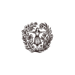 Obraz premium illustration featuring a young woman standing peacefully with arms outstretched, centered within a lush, circular wreath of flowers, leaves, and botanical elements