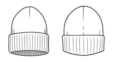 Fototapeta premium Two hand drawn silhouette illustrations of a knitted winter beanie hat front and back views silhouette