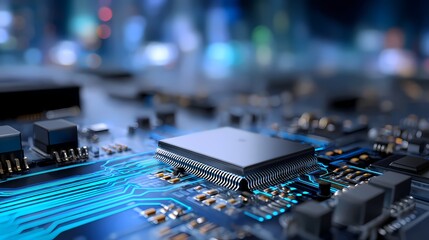 Close-Up of Microprocessor on Printed Circuit Board with Blue Lines