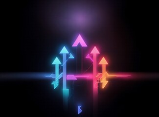Glowing arrows ascend against a dark backdrop, hints of vibrant colors illuminate the reflections below. Directional indicators are a theme. Neon lights accentuate the composition.