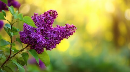 Close up of vibrant purple lilac blossoms with green leaves and sunny background