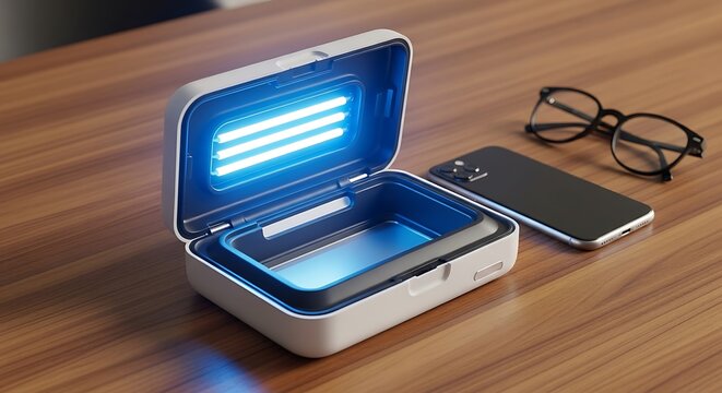 A portable UV light sanitizer box sterilizing personal items like a smartphone on a wooden desk next to eyeglasses. - Powered by Adobe