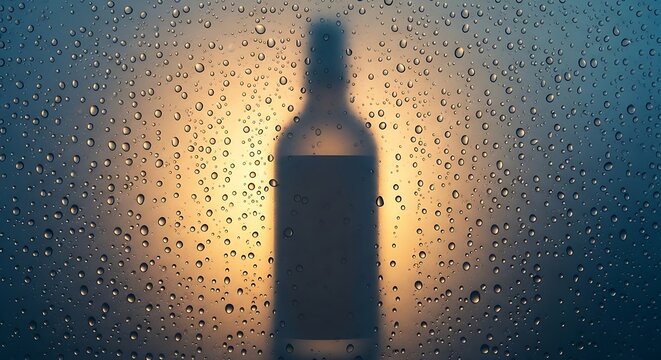 Silhouette of a bottle seen through a window covered in rain drops against a warm, glowing background.