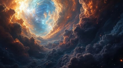 Vibrant cosmic nebula with fiery orange and electric blue hues