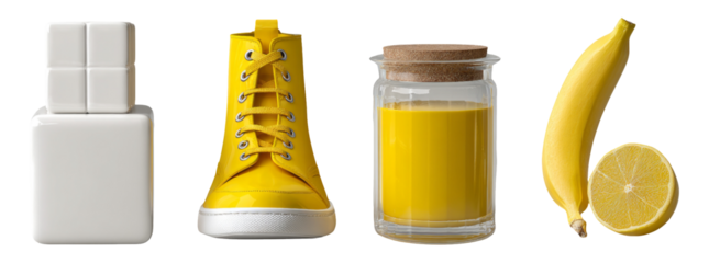 Bright Yellow Objects on Transparent Background Featuring Unique Shapes and Styles