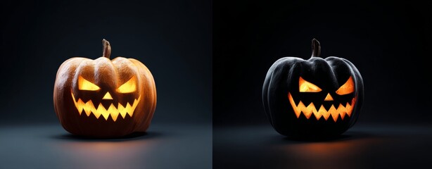 Halloween Pumpkin Duo with Glowing Faces on Dark Background.