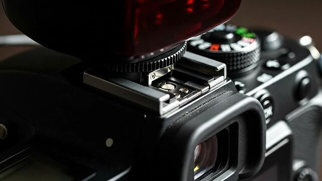 Close-up of a Professional Digital Camera with External Flash Attachment.