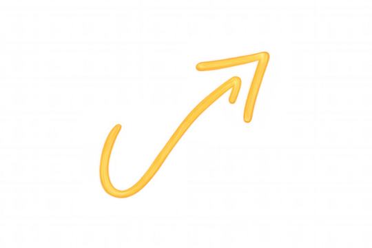 Yellow doodle arrow pointing up-right, indicating direction, growth, progress, and moving forward on transparent background