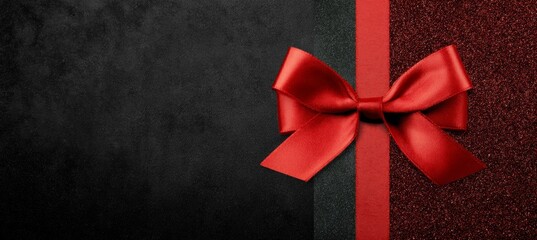 Red Bow on Black and Red Glitter Background.