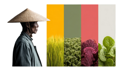 Artful Portrait of a Farmer with Colorful Background Panels Representing Nature