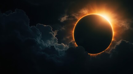 Fiery ring of light surrounds a dark celestial body in the night sky