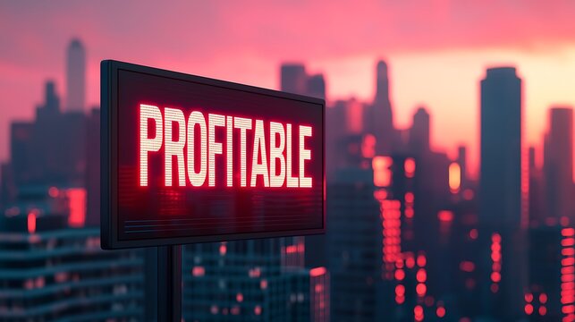 A neon sign reading "PROFITABLE" stands against a city skyline at sunset, suggesting business success and urban growth.