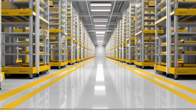 A fully robotic warehouse with gray floors, yellow accents, and bright white lighting where autonomous robots move racks systematically in a highly efficient, futuristic, and technologically advanced