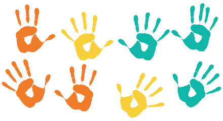 Colorful handprint silhouettes of children s hands in orange yellow and teal on a white background silhouette