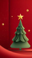 A Christmas tree poster with the tree standing out against a red background