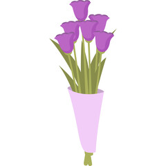 A Bouquet of Seven Vibrant Purple Tulips with Green Stems and Leaves Wrapped in a Light Pink Paper Cone Against a Transparent White Background