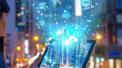 Person views digital city on tablet; network icons hover - Powered by Adobe