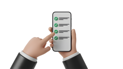 Checklist completed on mobile device, business success and task management app
