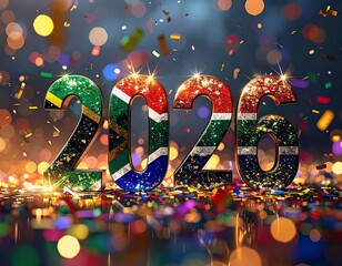 Vibrant celebration welcoming the new year 2026, with  confetti surrounding numbers textured like a national flag.