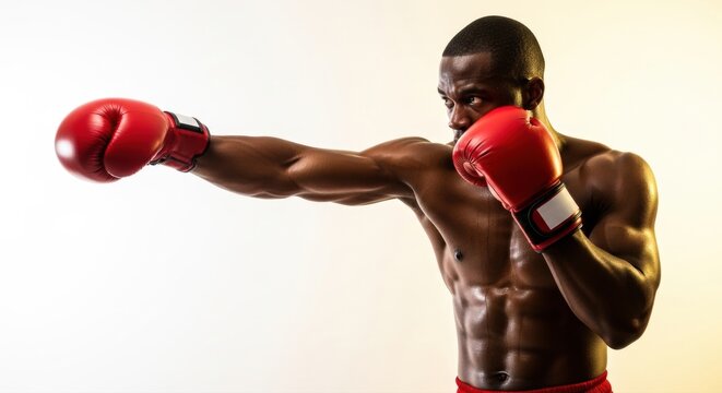 Muscular african american boxer throwing a punch with red boxing gloves in a studio setting - Powered by Adobe
