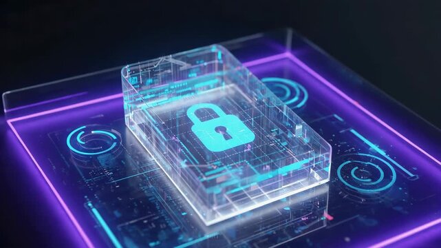 Futuristic 3D digital padlock representing cybersecurity and data protection, glowing holographic interface.