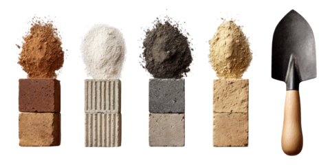 Piles of Various Construction Materials with Trowel on Isolated Transparent Background