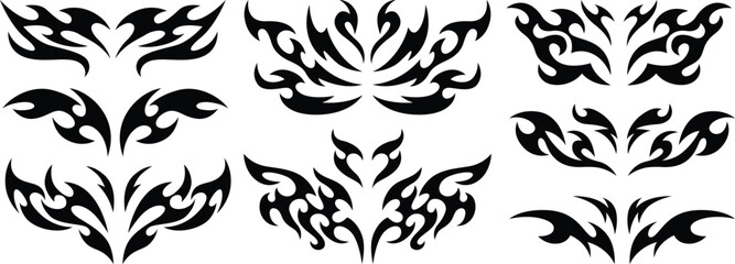 Black flame and tribal tattoo vector collection with symmetrical patterns, wings, and abstract shapes for body art and graphics.